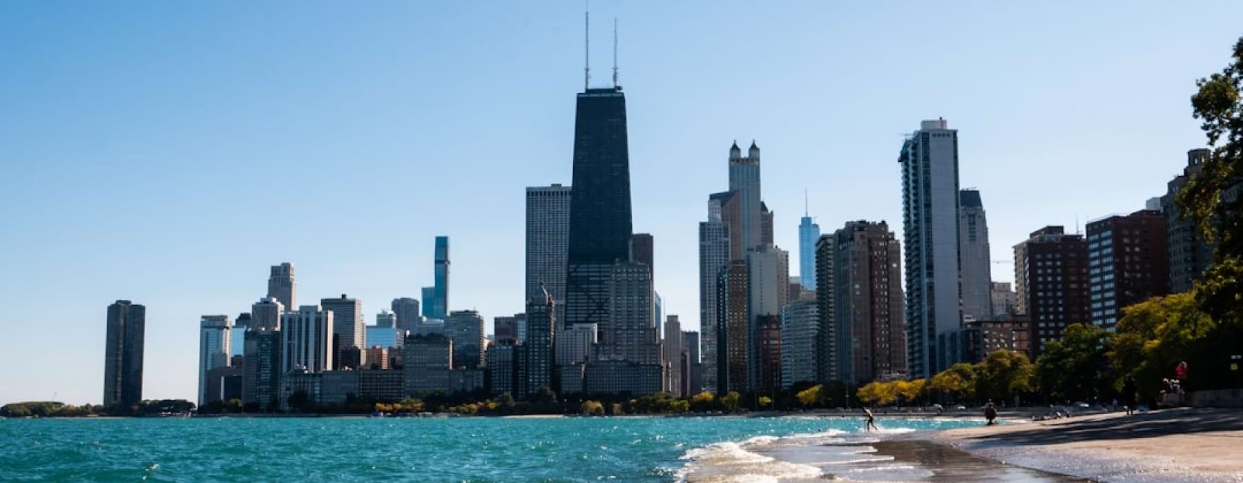 Modern living Chicago skyline along Lake Michigan