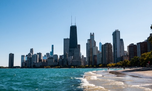 Modern living Chicago skyline along Lake Michigan